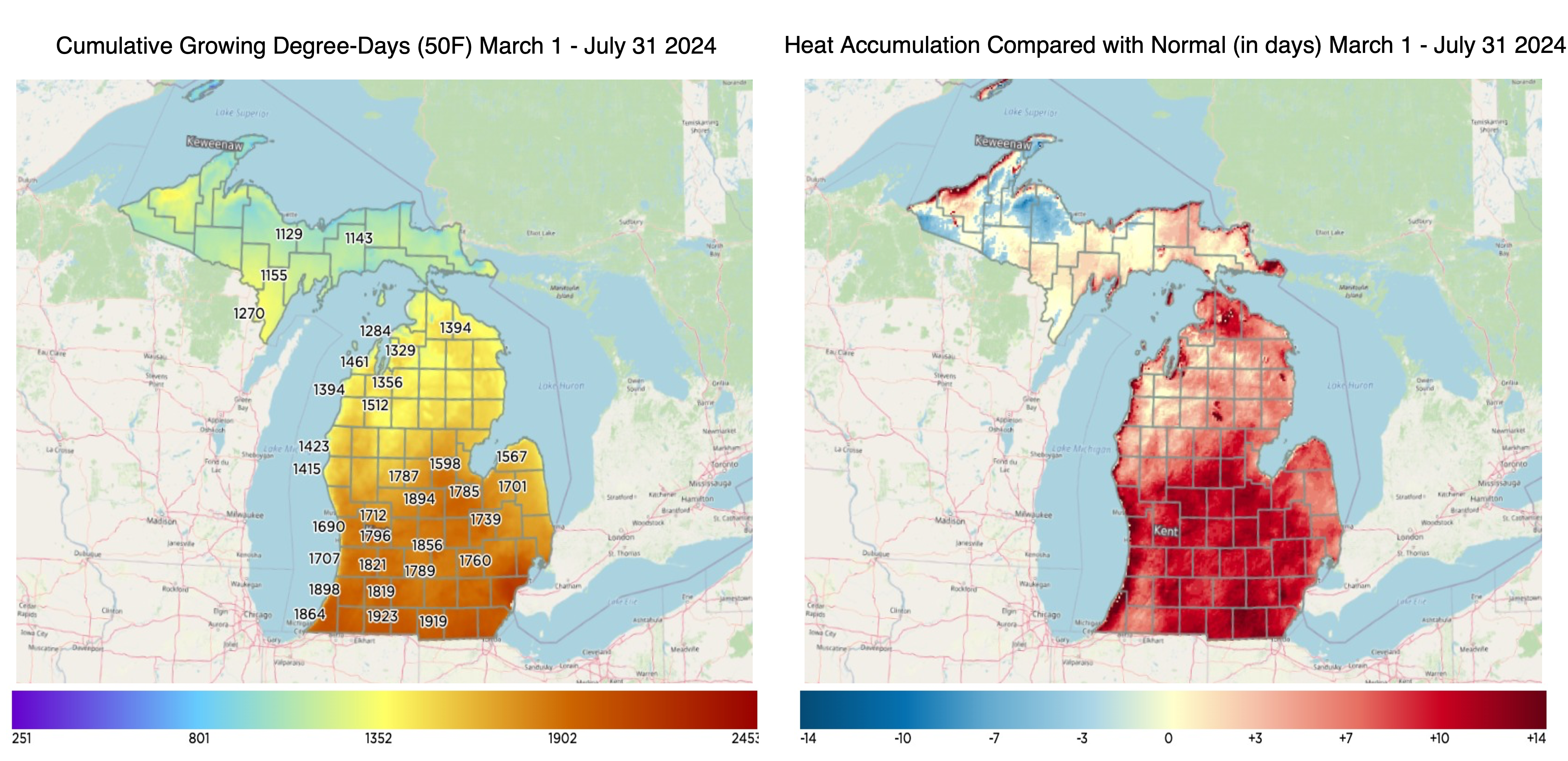 Enviroweather cumulative growing degree days, Enviroweather heat accumulation.